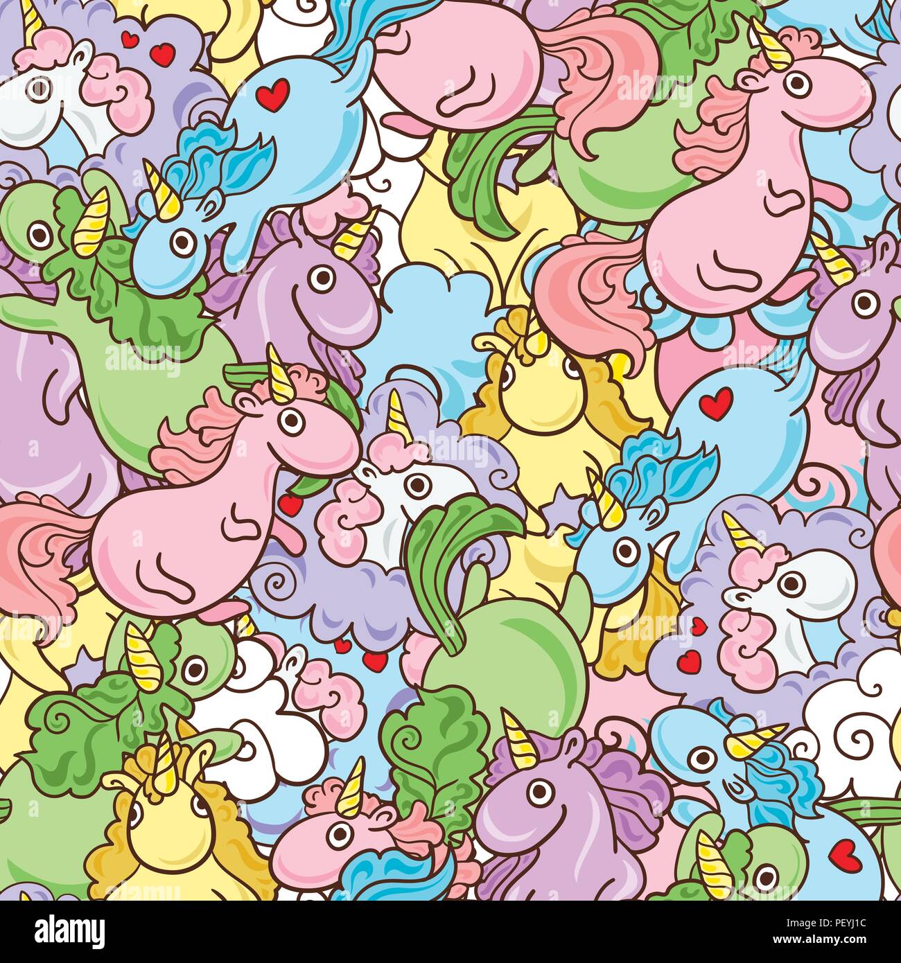 Magic Unicorn rainbow con avvisatore acustico e cuori volanti con ali rosa seamless pattern. Favola moderna infinite texture, magica ripetendo gli sfondi. Carino baby sfondi. Illustrazione Vettoriale