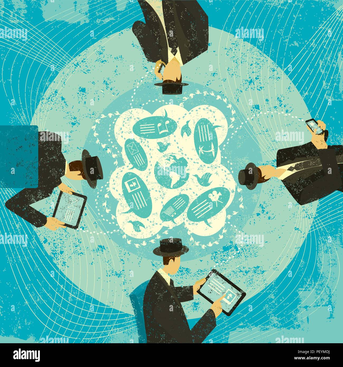 Social Media Networking. Quattro uomini d'affari in comunicazione attraverso i media sociali. Illustrazione Vettoriale