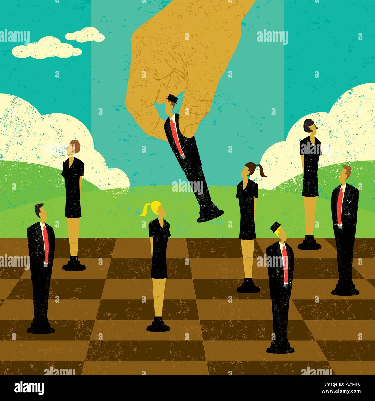 Gestione strategica delle decisioni. Una grande mano spostando la gente di affari di posizioni strategiche su una scacchiera. Illustrazione Vettoriale