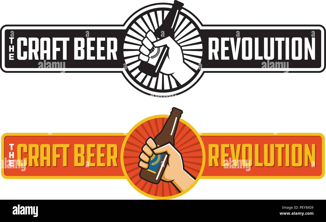 La birra artigianale rivoluzione badge di vettore o l'etichetta di design. Pugno tenendo una bottiglia di birra artigianale rétro banner del logo design. Illustrazione Vettoriale