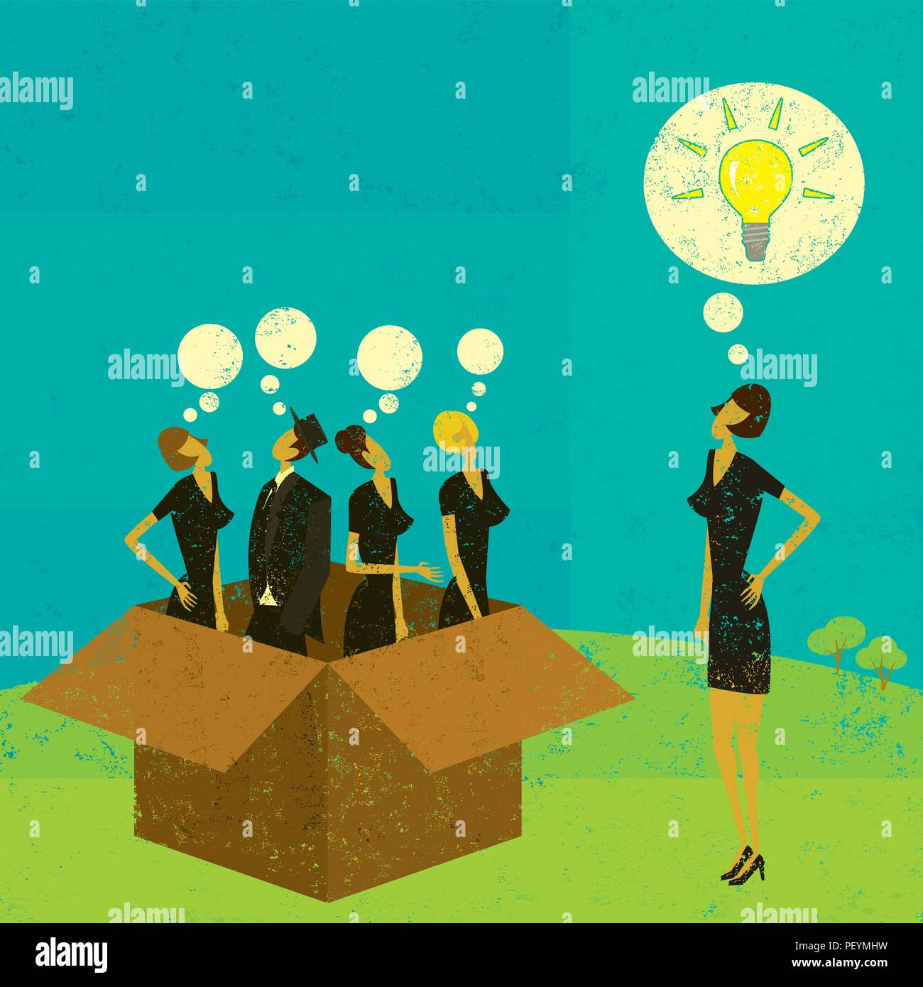 Il pensiero al di fuori della scatola. La gente di affari di pensare in scatola e un pensatore indipendente coming up con un'idea al di fuori della scatola. Illustrazione Vettoriale