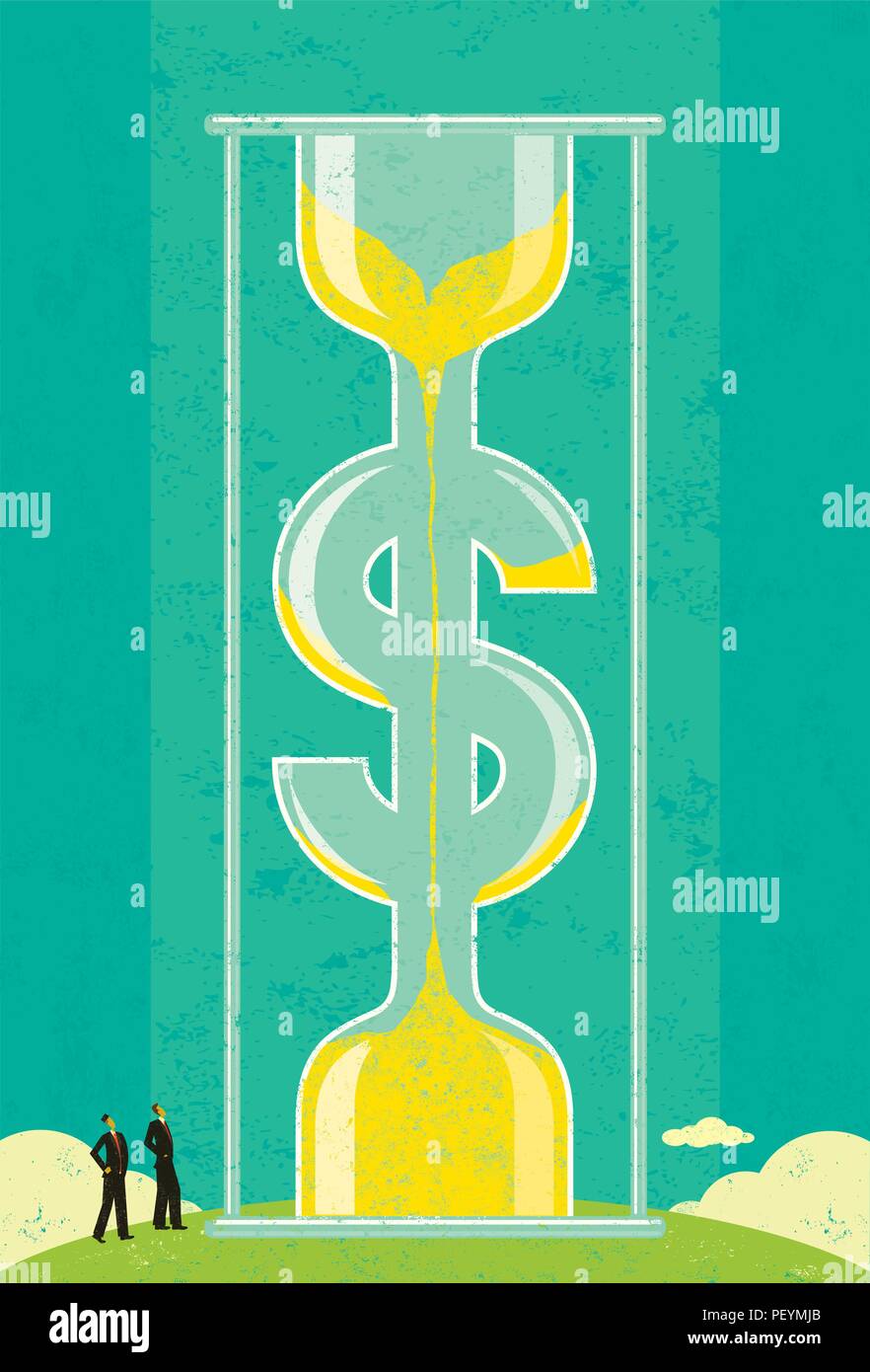Il tempo è denaro. La gente di affari, guardando un enorme dollaro a forma di clessidra, consapevoli del fatto che " il tempo è denaro". Illustrazione Vettoriale