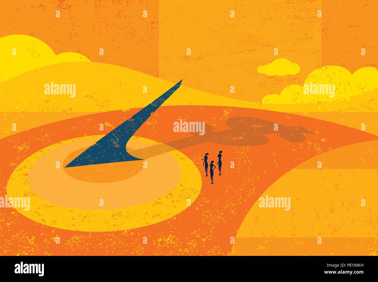 Il tempo è denaro. La gente di affari guardando un enorme orologio solare rendersi conto che il tempo è denaro. Illustrazione Vettoriale