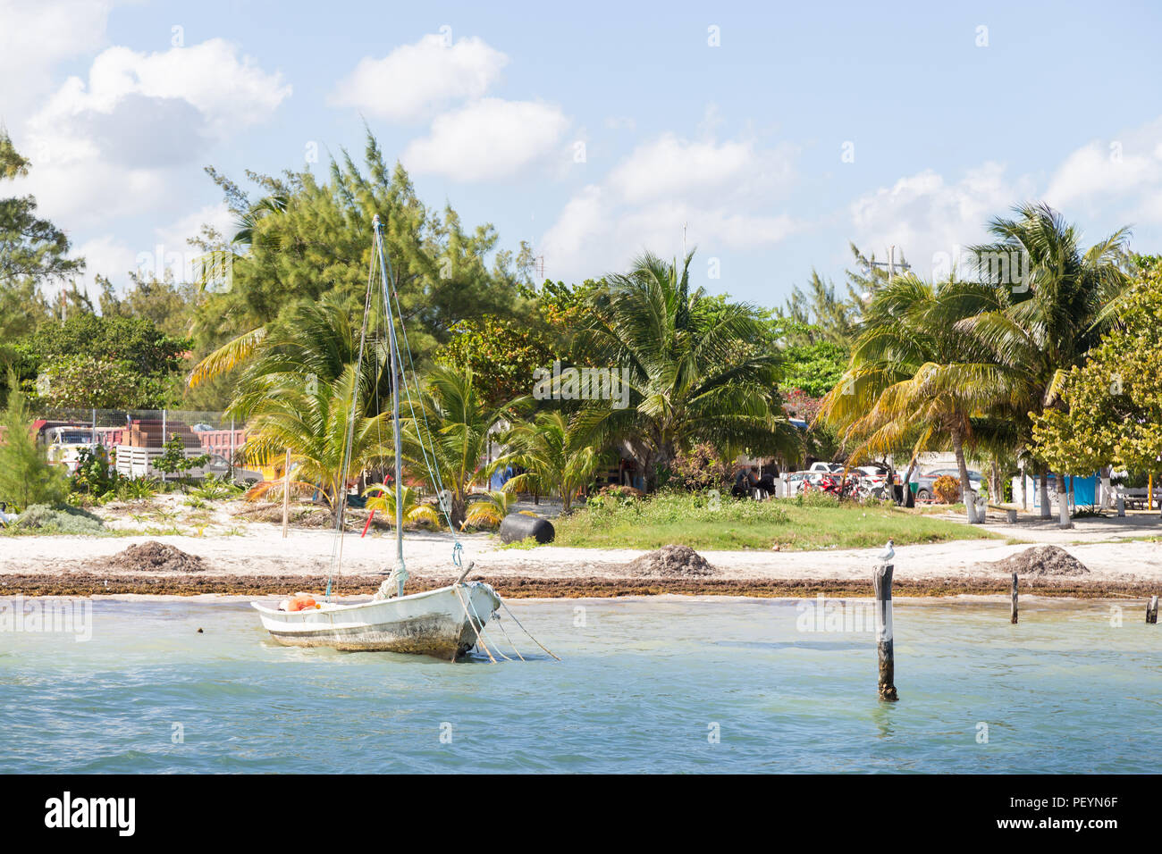 Vecchia barca vela accanto ad una spiaggia tropicale in Cancun, Messico. Foto Stock