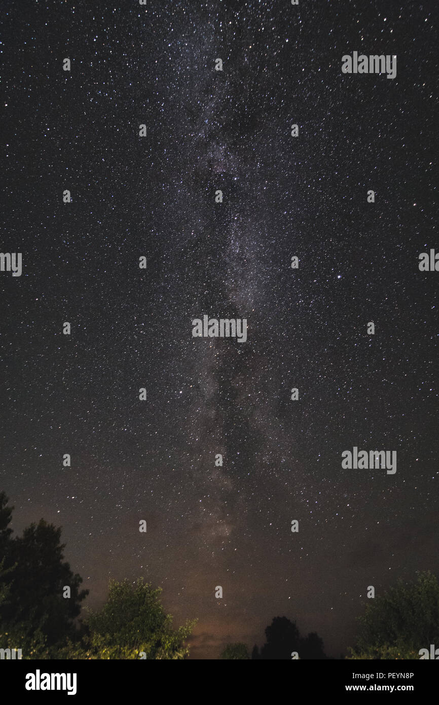 Via Lattea e cielo stellato notturno sul lago calmo con sagome forestali, raggio laser verde e riflessi celesti in un paesaggio naturale buio Foto Stock