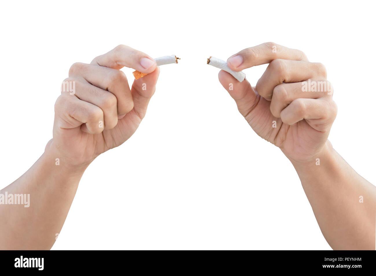 Smettere di sigaretta, man mano la rottura della sigaretta isolato su bianco con tracciato di ritaglio Foto Stock