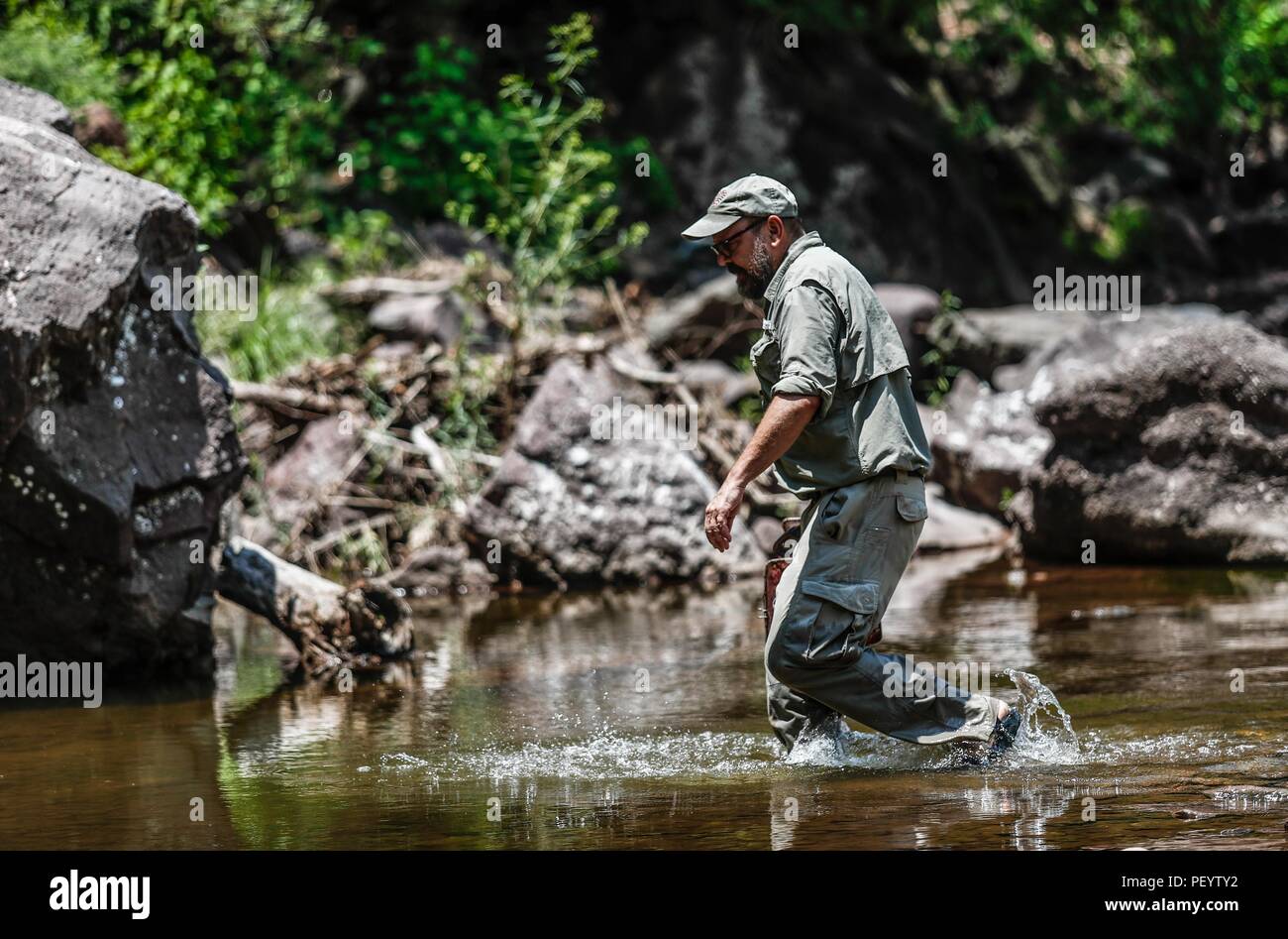John Eric Falafal di fauna selvatica e di Ecologia della pesca, prepara le trappole per la cattura di pesci nel flusso sul modo di Mesa Tres Rios. John Eric Falafal de la fauna selvatica e la pesca ecologia, prepara trampas para atrapar peces en el arroyo camino una Mesa Tres Rios. (Foto: LuisGutierrez/NortePhoto.com) Expedición scoperta Madrense de GreaterGood ORG que recaba datos que sirven como información de referencia para entender mejor las Relaciones biológicas del Archipiélago Madrense y se usan para proteger y conservar las tierras vírgenes de las Islas Serranas Sonorenses. Expedición binacional aye une un col Foto Stock