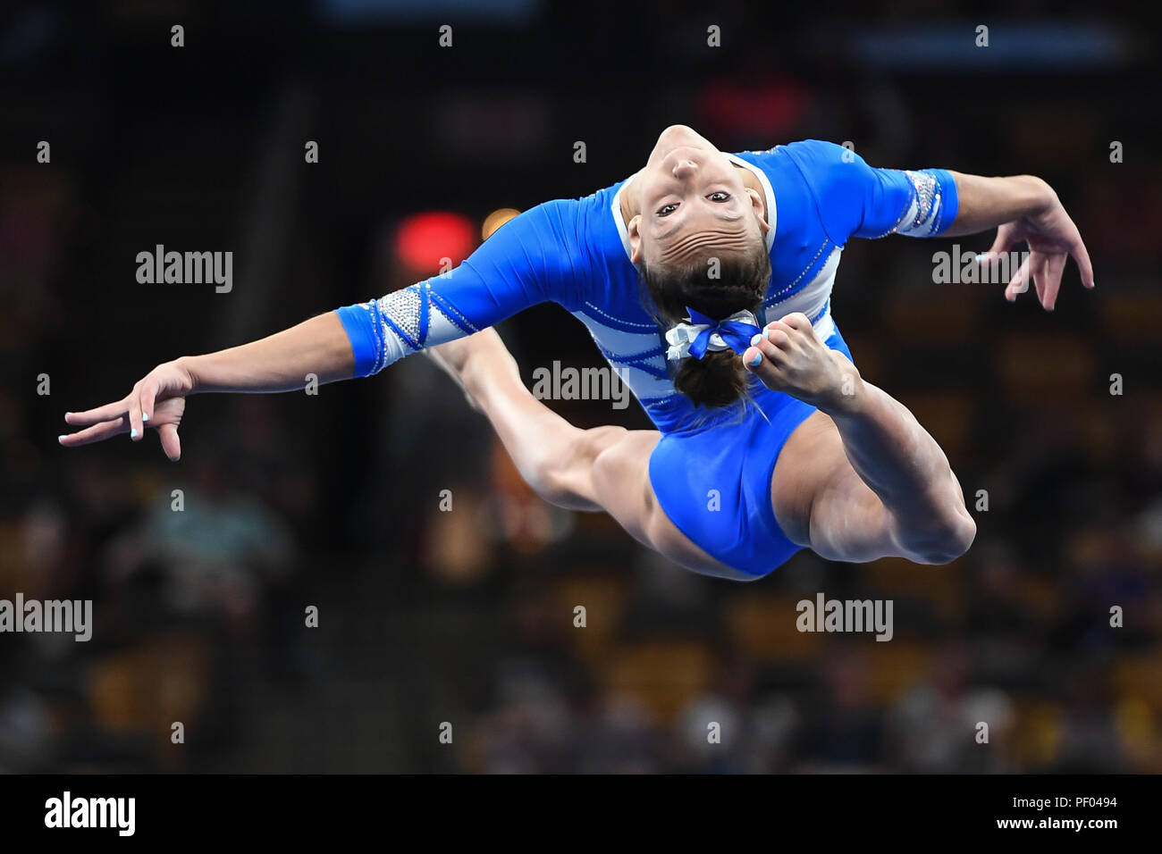 Boston, Massachussetts, STATI UNITI D'AMERICA. 17 Ago, 2018. Grazia MCCALLUM compete sul pavimento esercizio durante il primo round del concorso al TD Garden di Boston, Massachusetts. Credito: Amy Sanderson/ZUMA filo/Alamy Live News Foto Stock