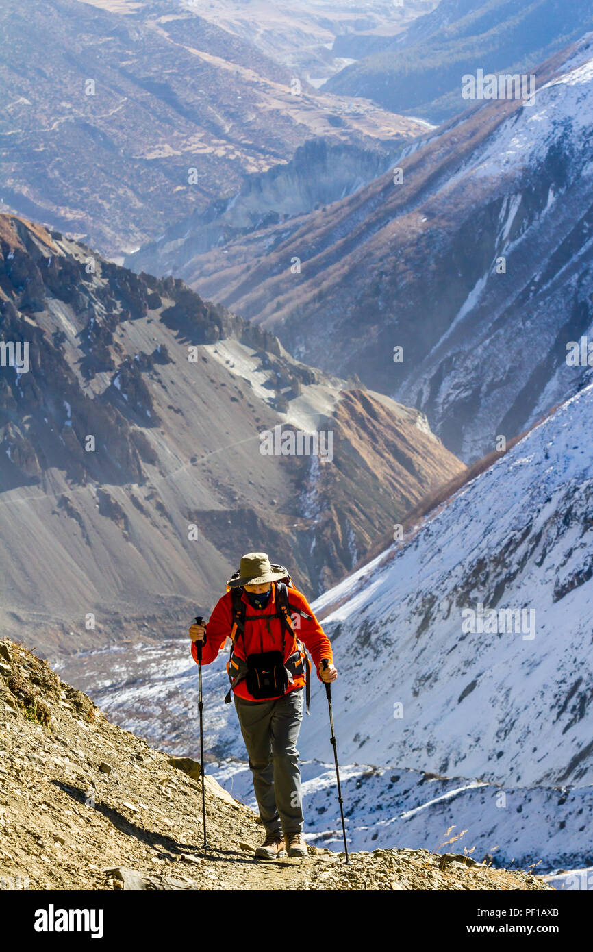 Annapurna, Nepal - Novembre 13, 2015: turistica risalendo sul modo di Thorong La Pass (5416 m), Annapurna Trek, Himalaya, Nepal. Foto Stock