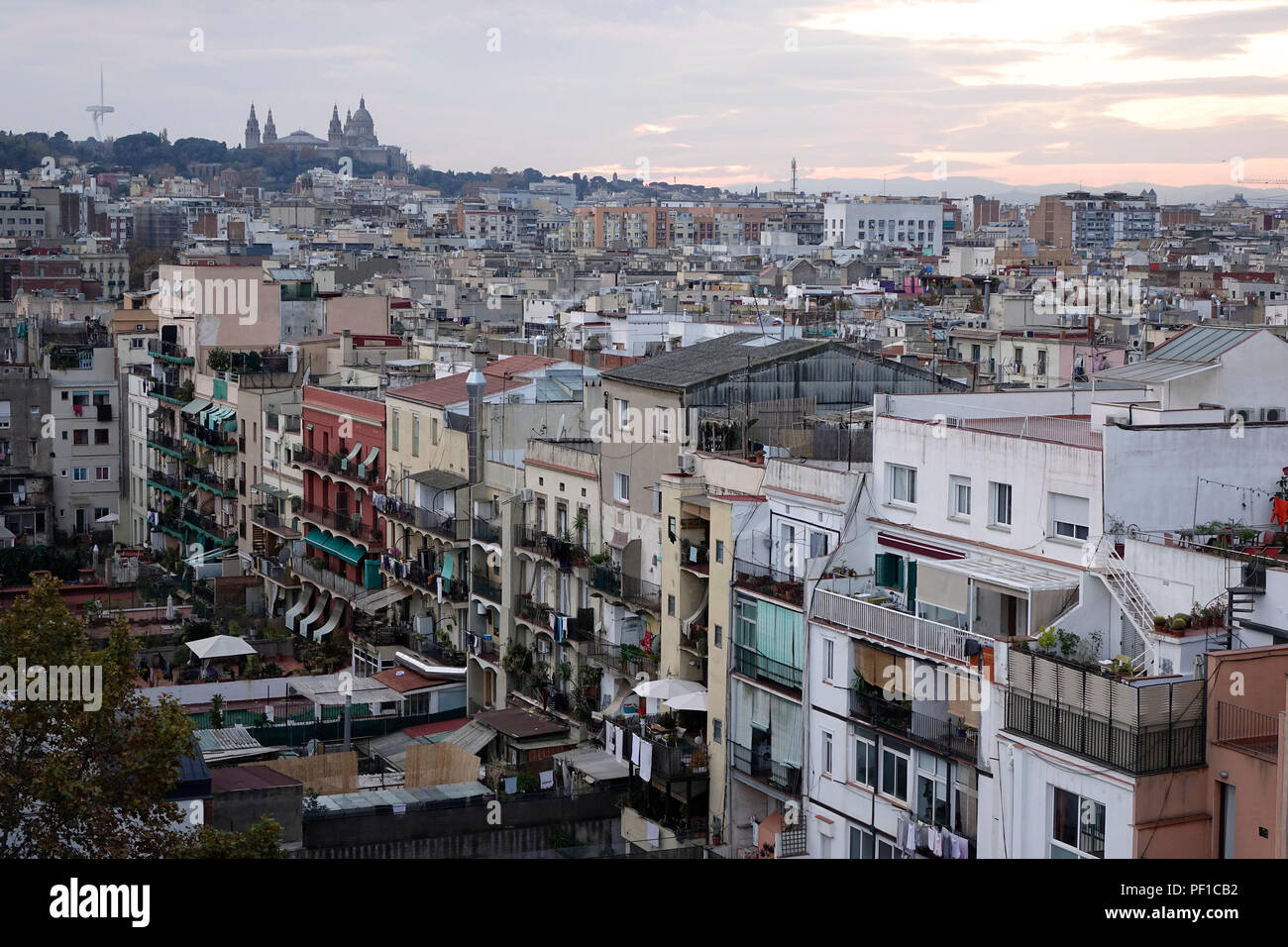 Alta densità di quartiere residenziale nella zona delle Ramblas di Barcellona Spagna retro degli edifici con balconi Foto Stock
