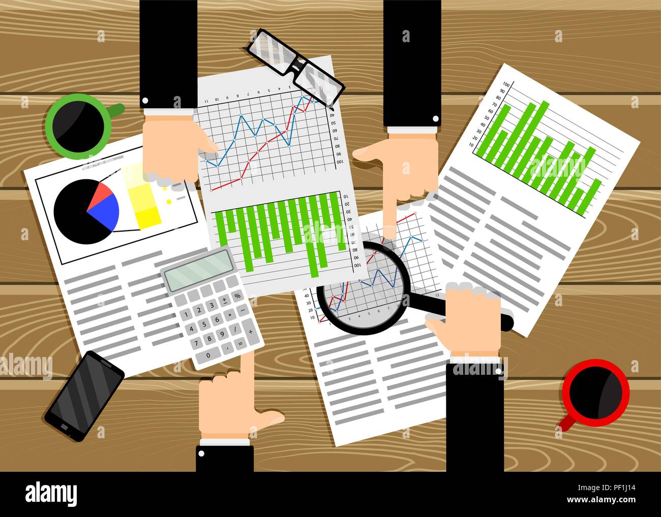Analisi del grafico dei dati e schema. Il lavoro in team business. Team business, schema di ricerca di marketing, pianificazione di gestione, illustrazione vettoriale Illustrazione Vettoriale
