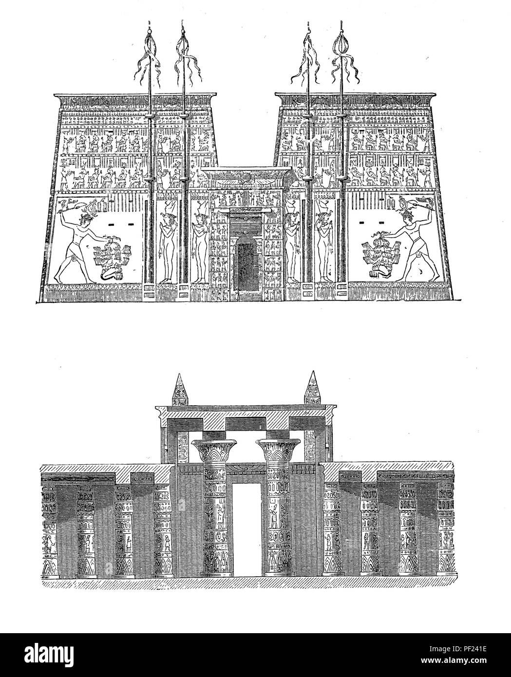 Antico Egitto: la facciata del tempio di Edfu e la sezione dei pilastri hall di Amon tempio di Karnak, Foto Stock