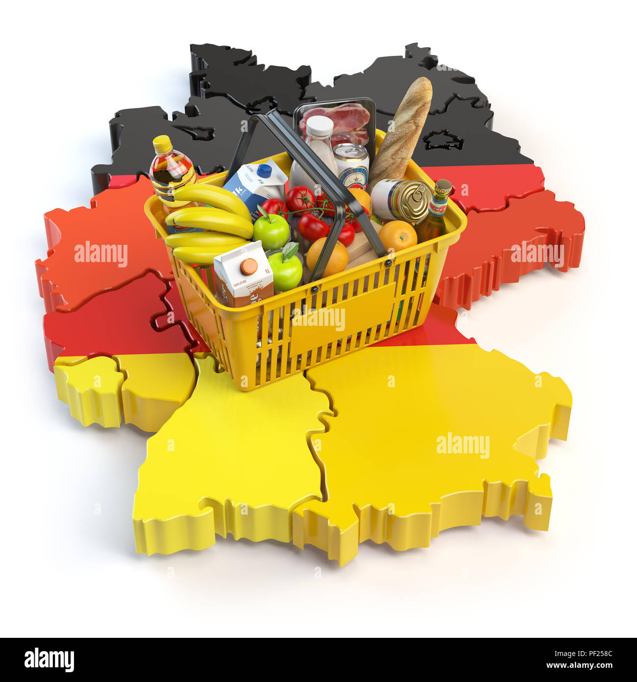 Cestello di mercato o indice dei prezzi al consumo in Germania. Carrello con alimenti sulla mappa della Germania.. 3d illustrazione Foto Stock