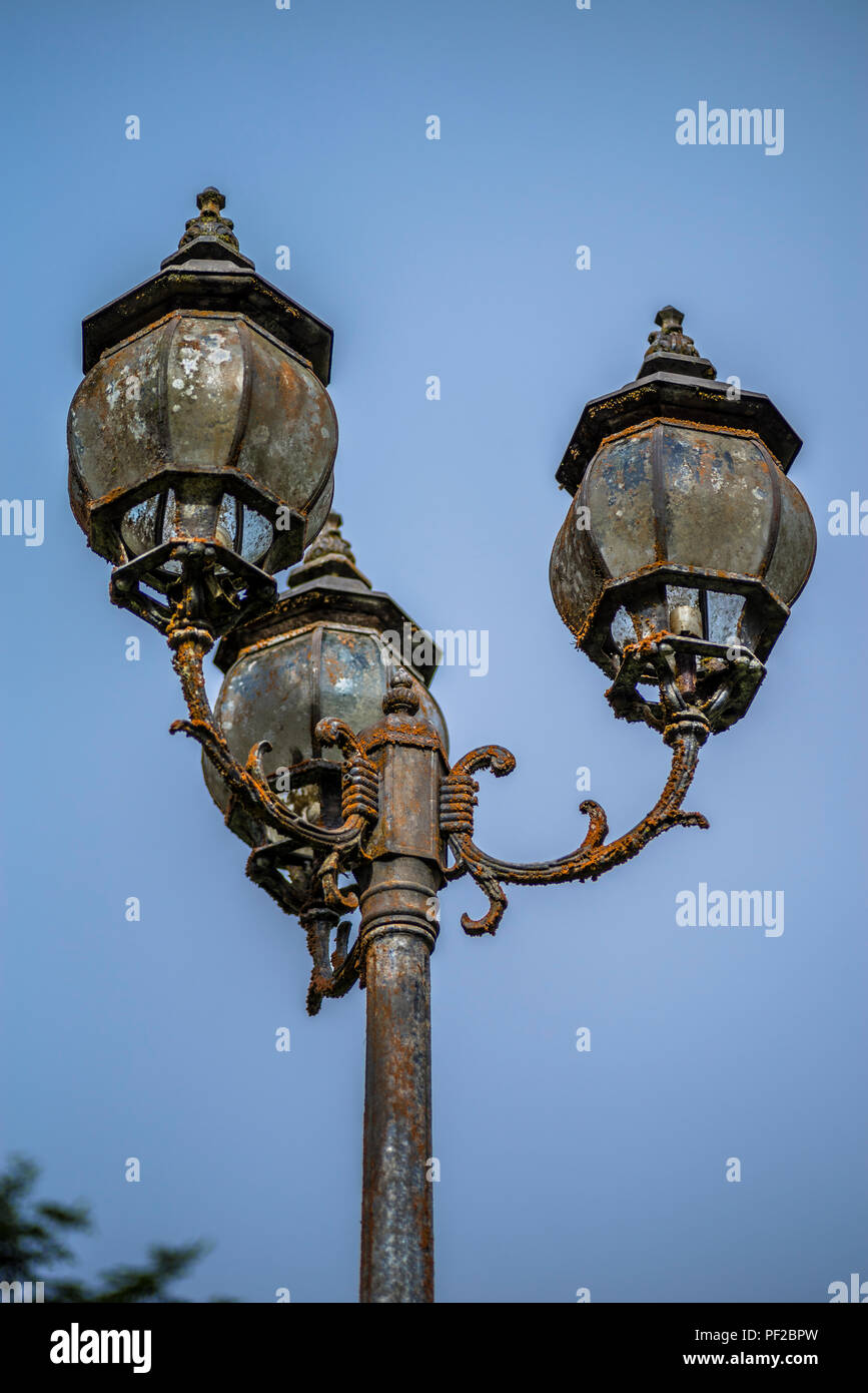 Vecchio arrugginito abbandonato street lanterns perso nella foresta di pioggia Foto Stock