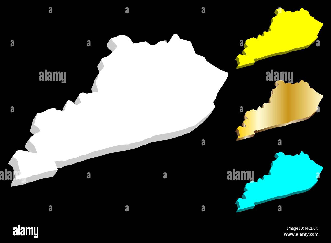 Mappa 3D del Kentucky (Stati Uniti d'America, del Commonwealth del Kentucky) - bianco, giallo, blu e oro - illustrazione vettoriale Illustrazione Vettoriale