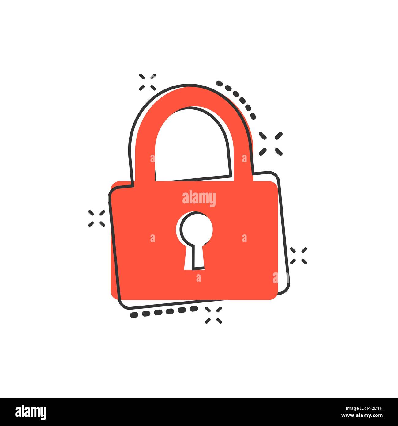 Vector cartoon icona a forma di lucchetto in stile fumetto. Bloccare e sbloccare il concetto di sicurezza illustrazione pittogramma. Lucchetto business effetto splash concept. Illustrazione Vettoriale