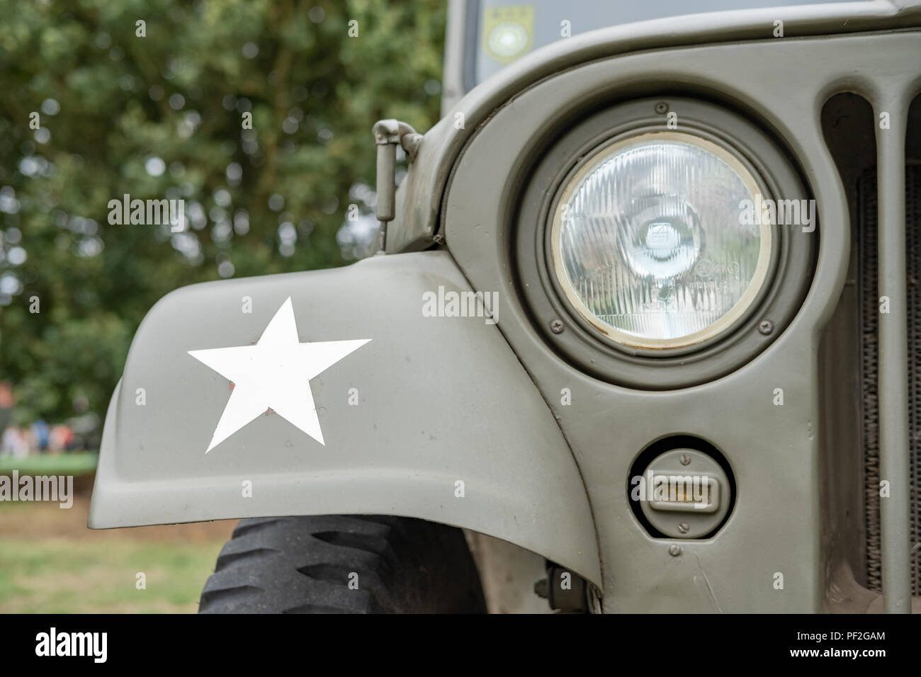 Primo piano, poco profondo, focalizzato su una jeep dell'esercito americano della seconda guerra mondiale completamente restaurata che mostra un faro, la sua stella bianca dipinta e il radiatore. Foto Stock