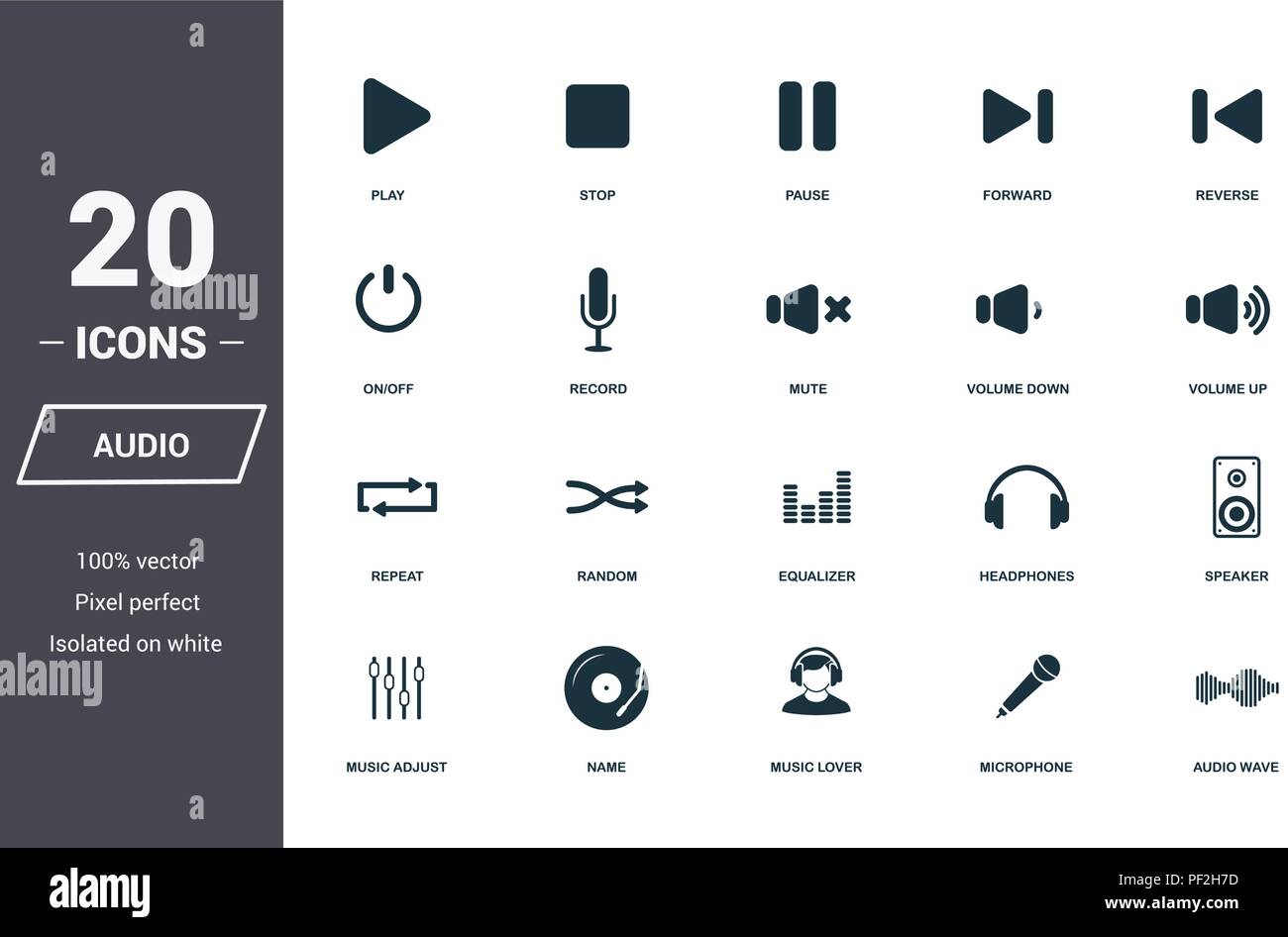 I comandi audio set di icone. Qualità Premium collezione di simboli. I comandi audio icon set di elementi semplici. Pronto per l'uso nella progettazione web, applicazioni software, prin Illustrazione Vettoriale