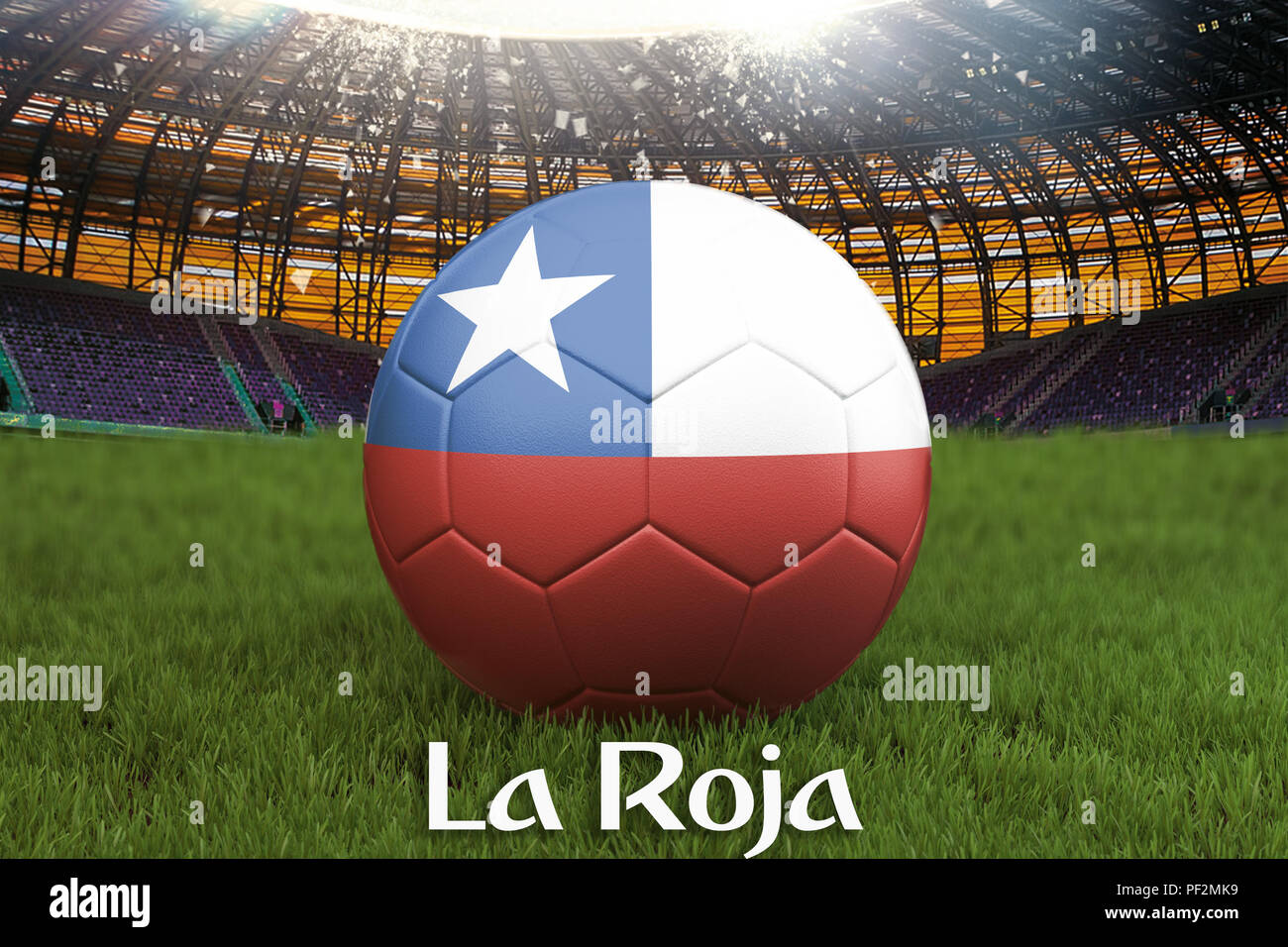 La Roja sul Cile lingua sulla squadra di calcio sulla sfera grande stadium  sfondo. Il Cile Team il concetto di concorrenza. Bandiera del Cile sulla  sfera torneo. Sport c Foto stock -