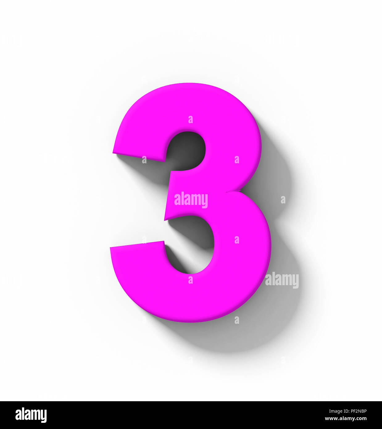 Numero 3 3D viola isolato su bianco con ombra - proiezione ortogonale - 3d rendering Foto Stock