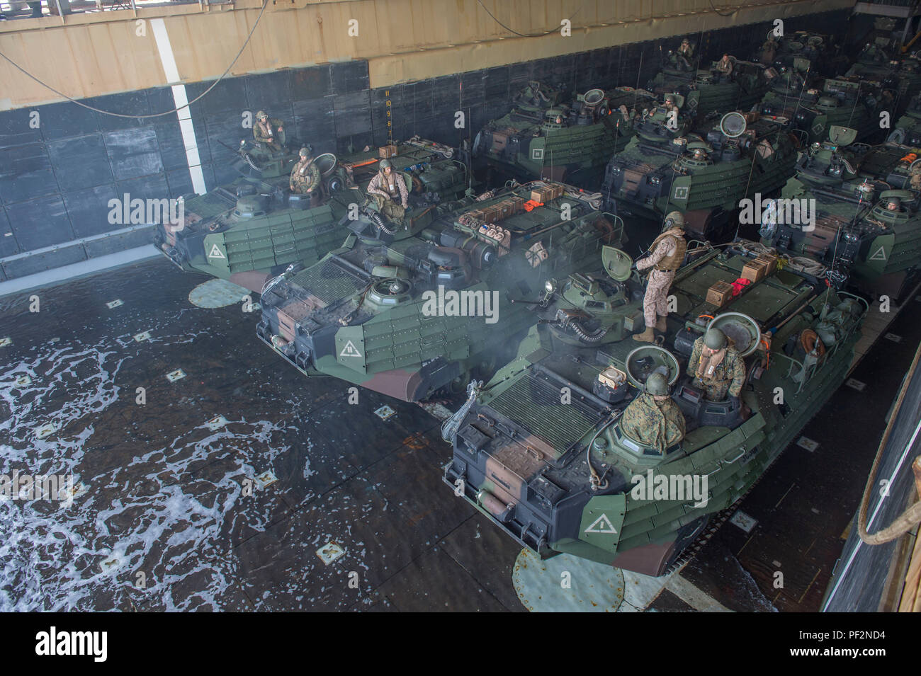 160311-N-VS214-023 EST DEL MARE (11 marzo 2016) si riempie di acqua di mare e il mazzo di dock landing ship USS harpers Ferry (LSD 49) come l'assalto anfibio veicoli (AAV) preparare per il lancio. USS harpers Ferry è assegnato al boxer anfibio gruppo pronto e partecipa in esercizio Ssang Yong 16. Ssang Yong è una biennale combinato esercizio anfibio condotto da avanti-distribuito le forze degli Stati Uniti con la Repubblica di Corea Navy e Marine Corps, Esercito Australiano e Royal New Zealand forze militari al fine di rafforzare la nostra interoperabilità e i rapporti di lavoro in una vasta gamma di mezzi militari oper Foto Stock