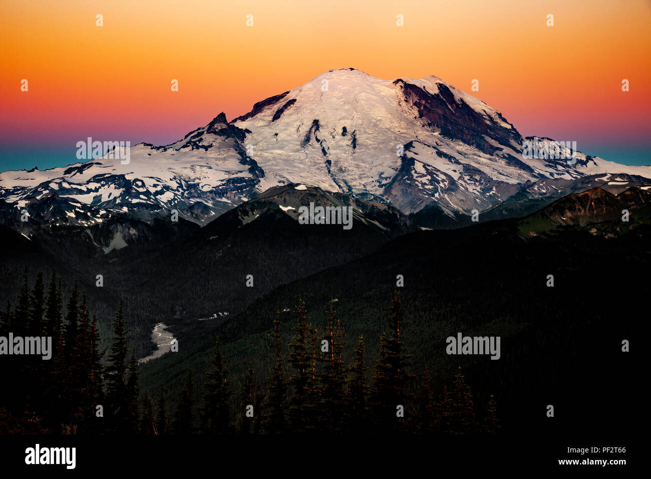 WA14733-00...WASHINGTON - Alba sul Monte Rainier visto dalla montagna di cristallo, Crystal Mountain Ski Area. Foto Stock