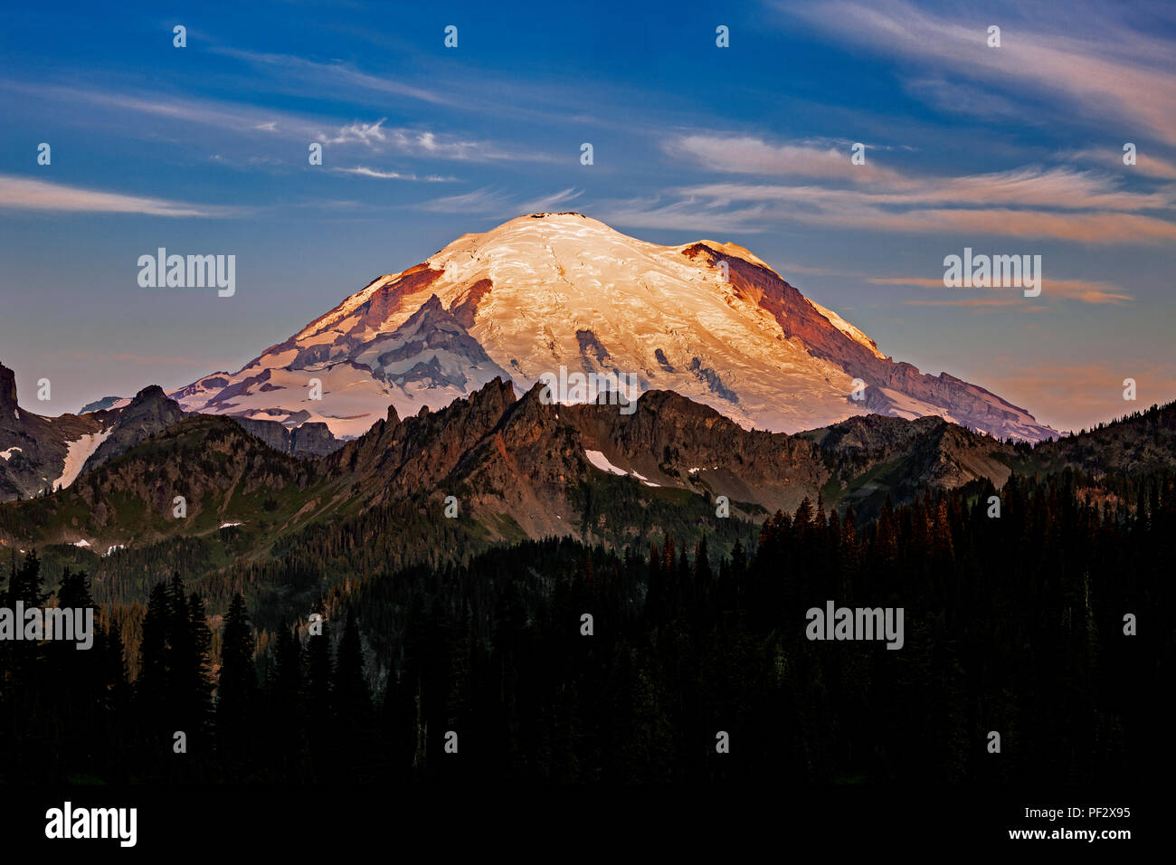 WA14814-00...WASHINGTON - Alba sul Monte Rainier dal bordo della strada statale 410 sopra il lago Tipsoo in Mount Rainier National Park Foto Stock