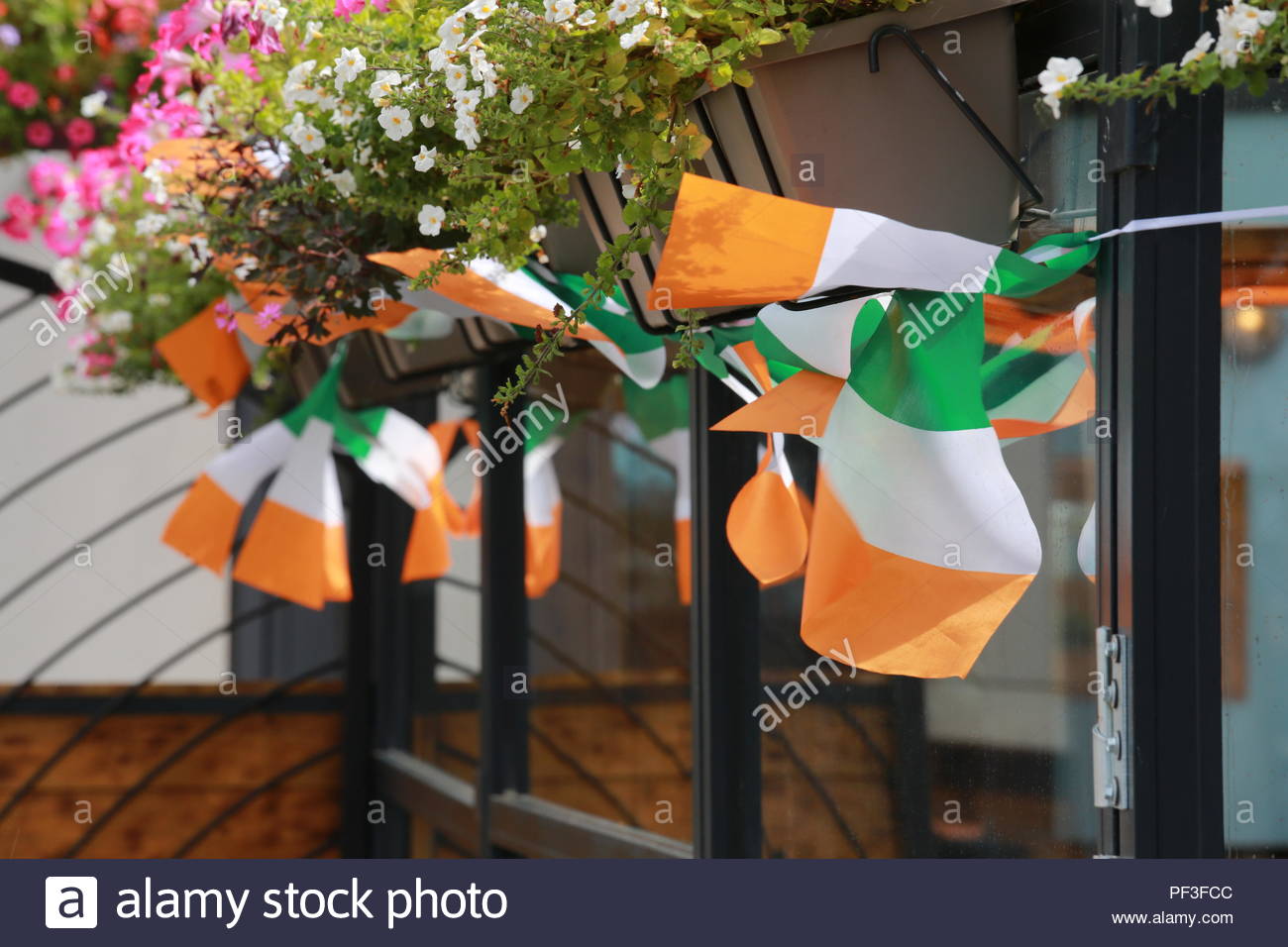 Tricolore irlandese bunting appesi da fioriere nella città di Drogheda Foto Stock