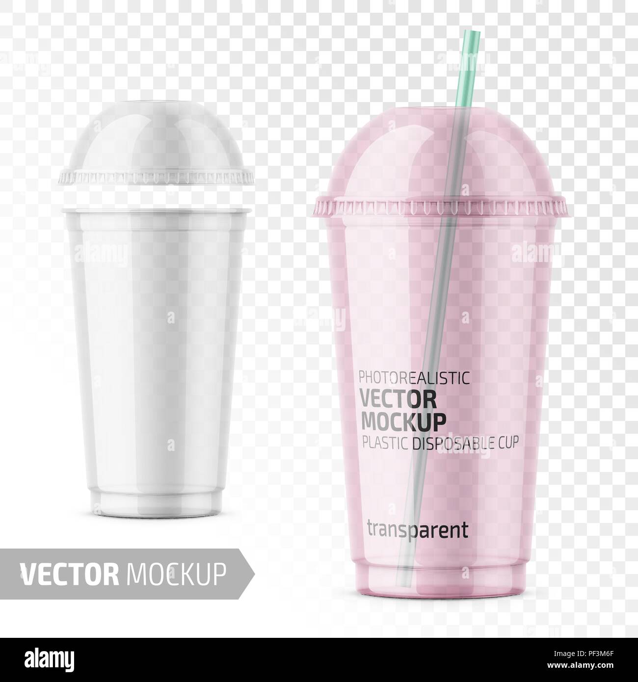 Cancellare monouso tazza in plastica con coperchio con etichetta. Illustrazione Vettoriale