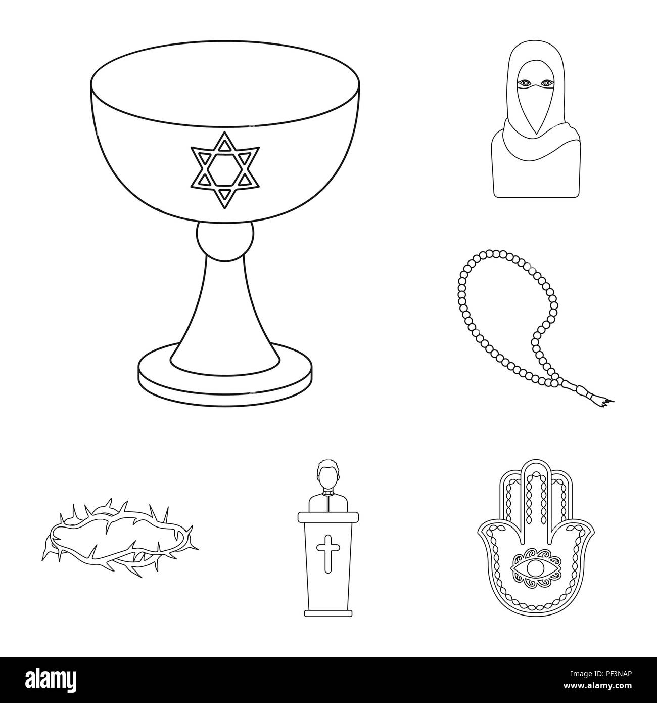 La religione e la fede delineare le icone nella raccolta di set per il design. Accessori, preghiera simbolo vettore illustrazione stock. Illustrazione Vettoriale