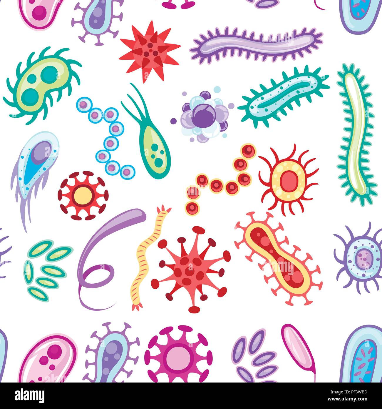 Modello senza giunture. I batteri e i virus. Colorate collezioni di  microrganismi. Vettore di piatto di batteri, virus, funghi, protozoi.  Vettore stile cartoon illu Immagine e Vettoriale - Alamy