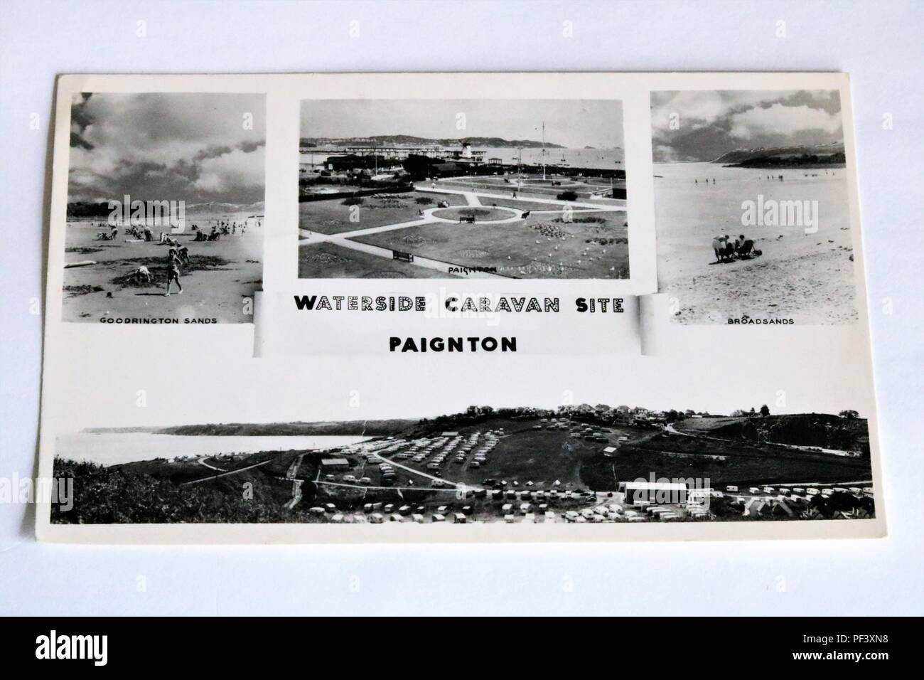 Vecchie foto in bianco e nero la cartolina mostra Waterside Roulotte, Paignton, Devon con varie scene della zona Foto Stock