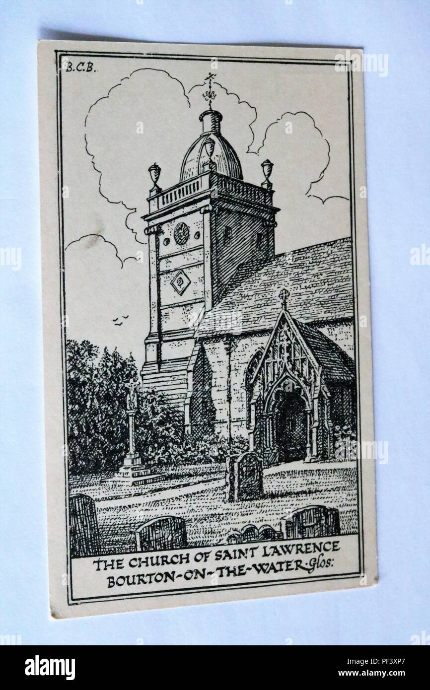 La Chiesa di San Lorenzo, Bourton-on-the-acqua, Gloucester, Regno Unito - bianco e nero cartolina di disegno Foto Stock
