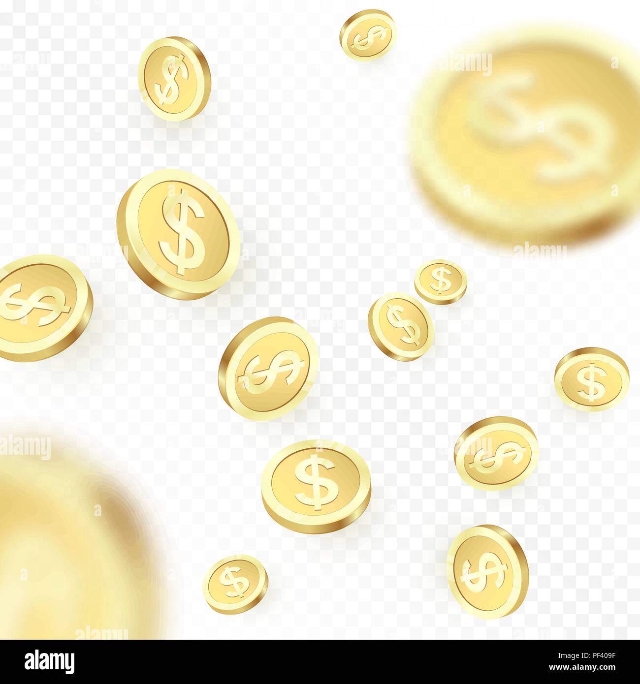 Heap la caduta delle monete d'oro isolato su sfondo trasparente. Metallo lucido dollar pioggia. Casino jackpot win. Illustrazione Vettoriale Illustrazione Vettoriale