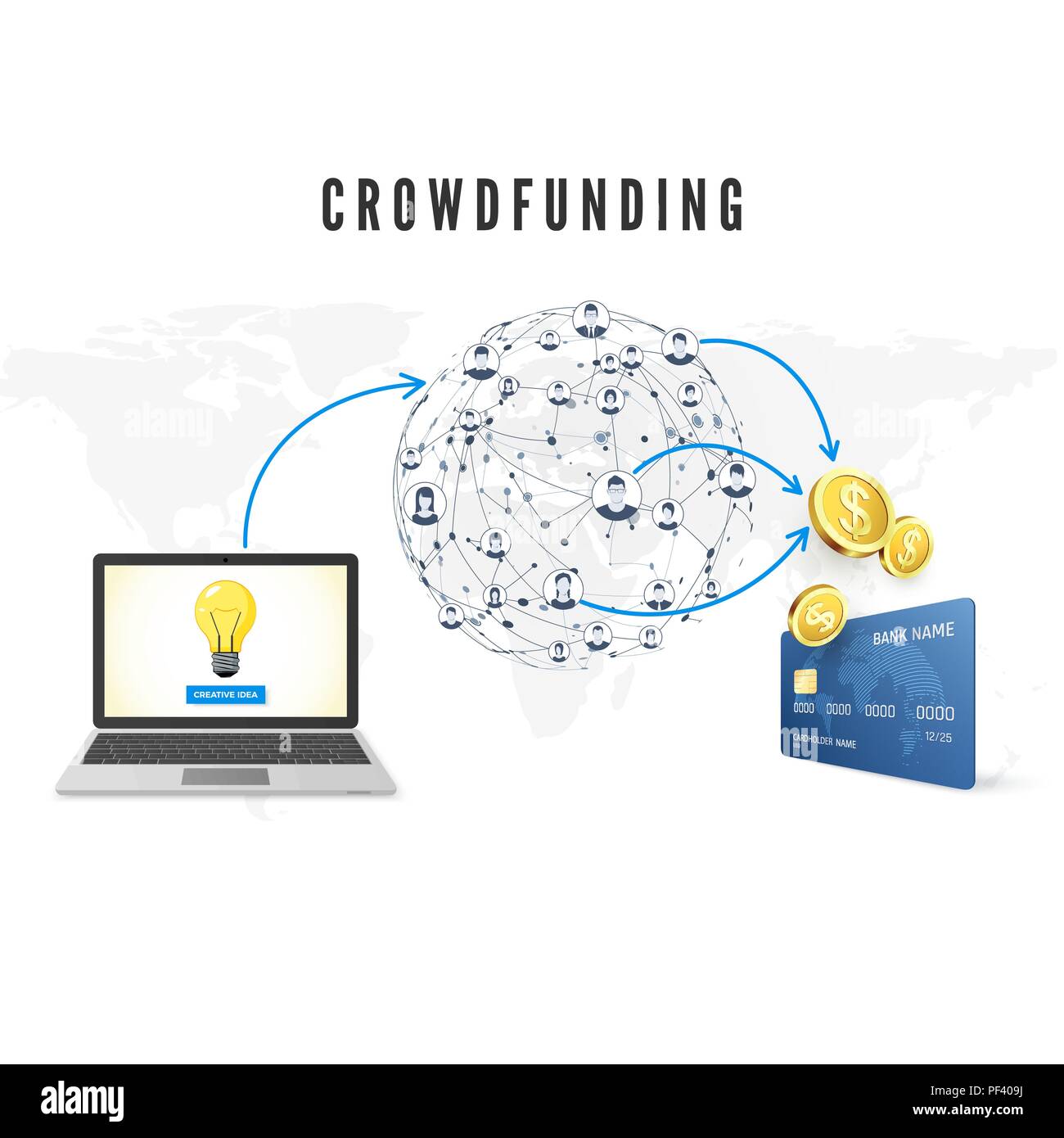 Concetto crowdfunding. La gente dalla rete globale di donare denaro per l'Idea di business e favorire lo sviluppo di progetto. illustrazione vettoriale Illustrazione Vettoriale