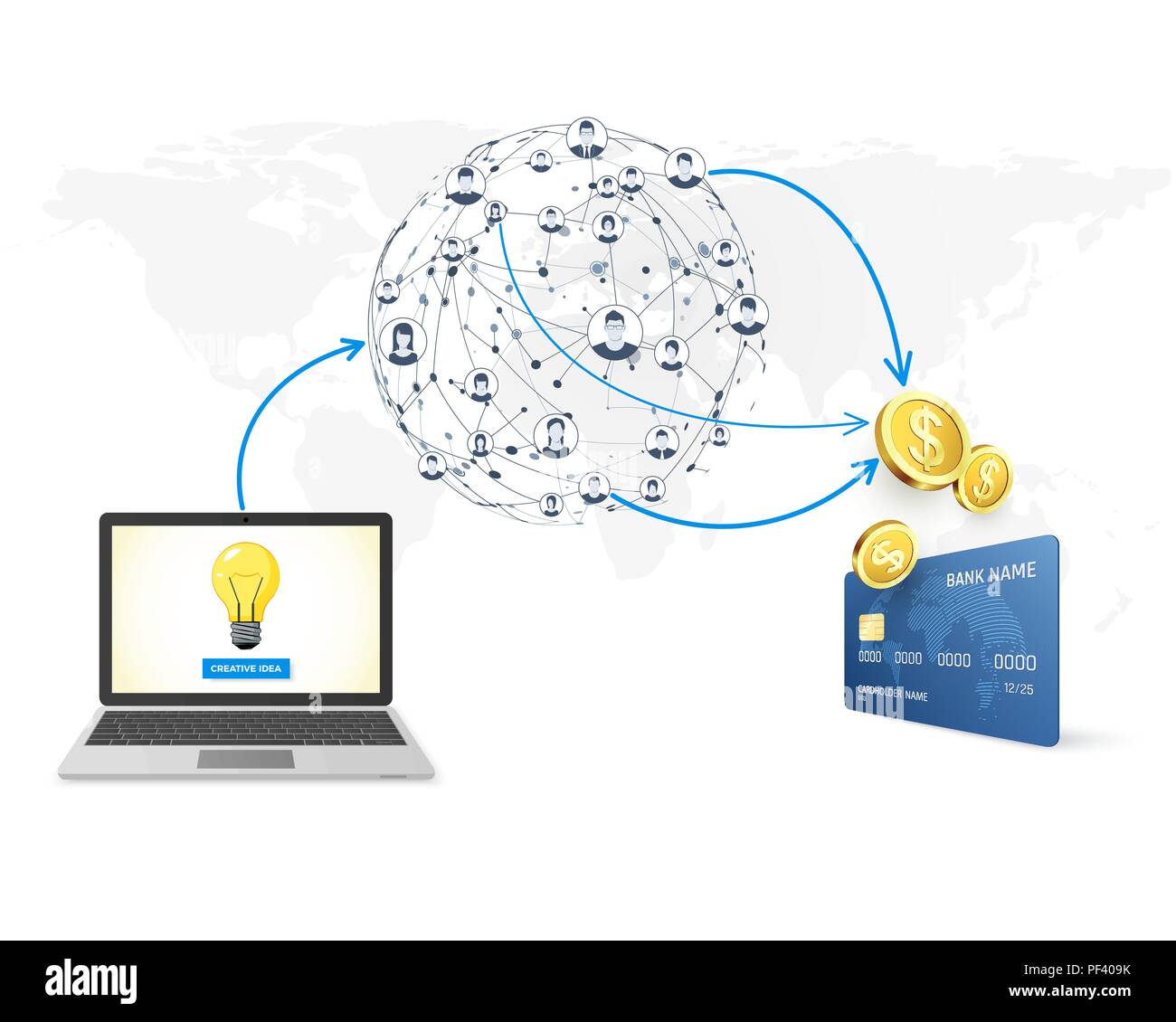 Concetto Crowdfunding promozione dell idea di business in rete e la raccolta di denaro per il lancio del progetto di sviluppo. illustrazione vettoriale Illustrazione Vettoriale