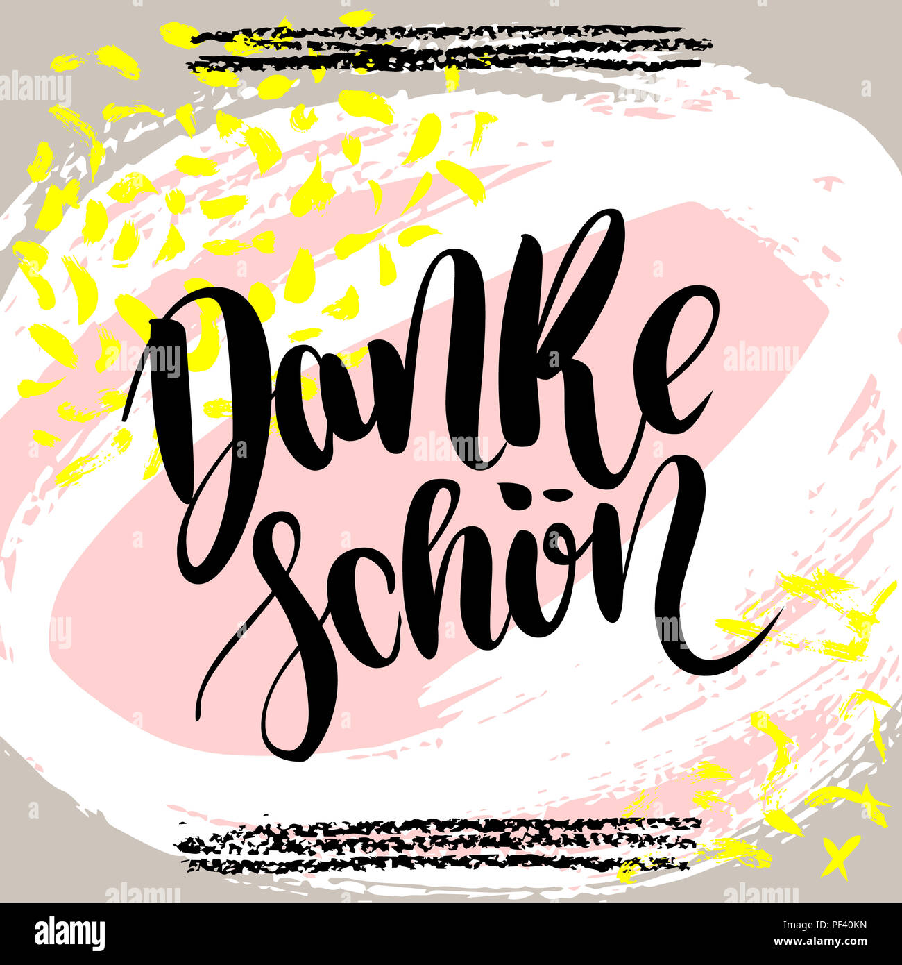 Danke schoen. Ringrazio in tedesco. disegnati a mano lettering spazzola su sfondo colorato. Preventivo motivazionale per cartolina, social media, pronto per l'uso. Ab Foto Stock