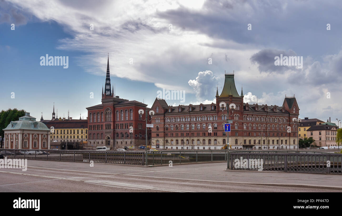 Stoccolma, Svezia - 2 Agosto 2018: Stoccolma centrale dello skyline della città, mostrando il ben noto della silhouette Norstedt edificio. Foto Stock