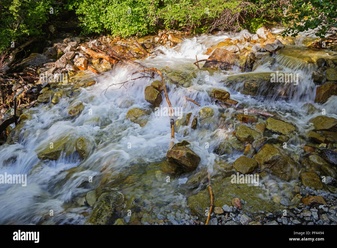 Correndo acqua a un attraversamento di flusso sul Taboose Pass trail Foto Stock