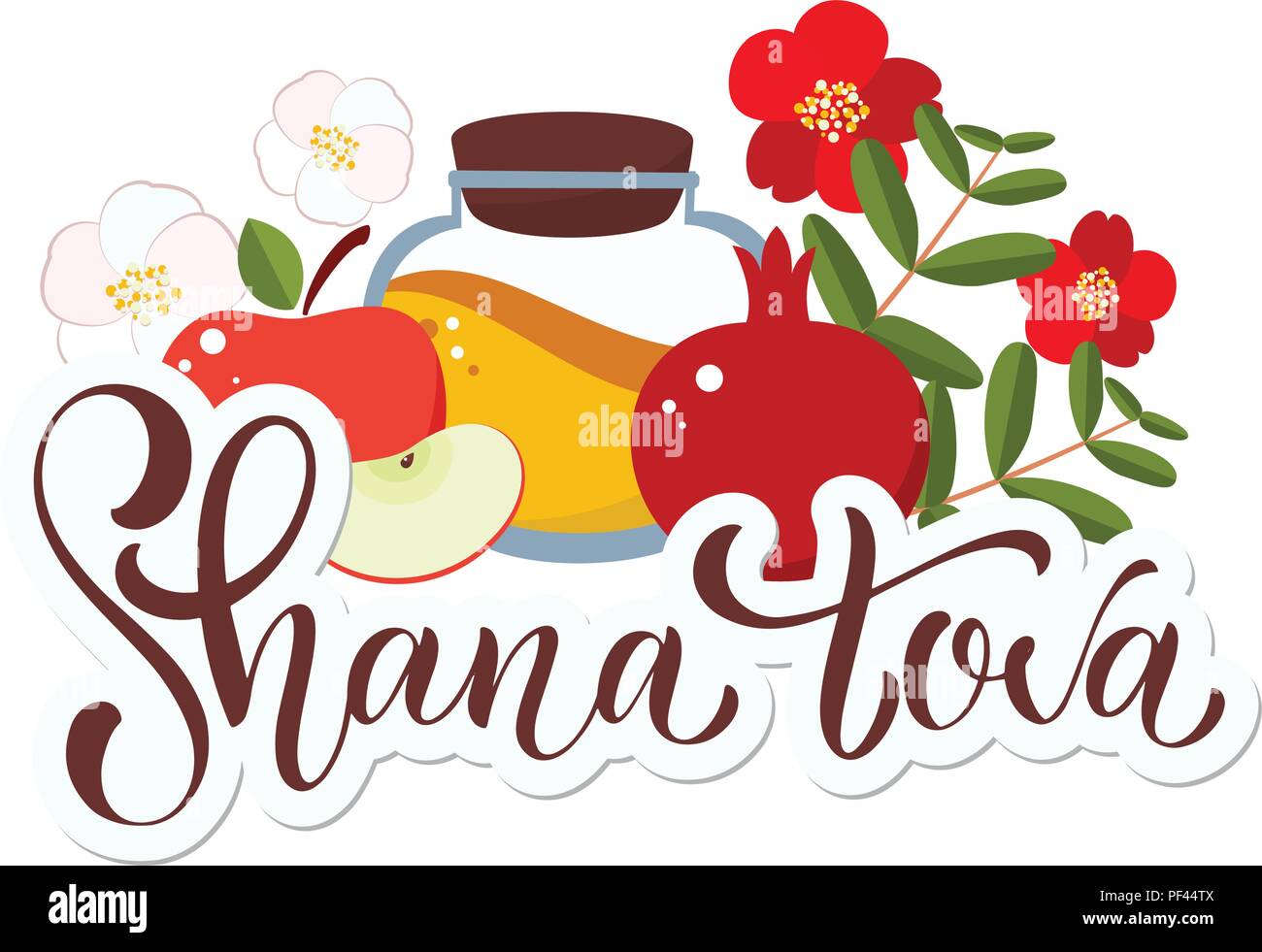 Shana Tova calligraphy testo ebraico per il nuovo anno. Benedizione di felice anno nuovo. Elementi per gli inviti, poster, biglietti d'auguri. Illustrazione Vettoriale