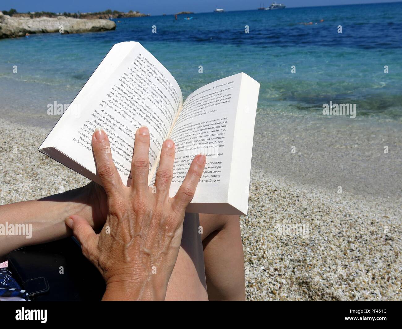 Signora leggendo un libro in spiaggia. Foto Stock