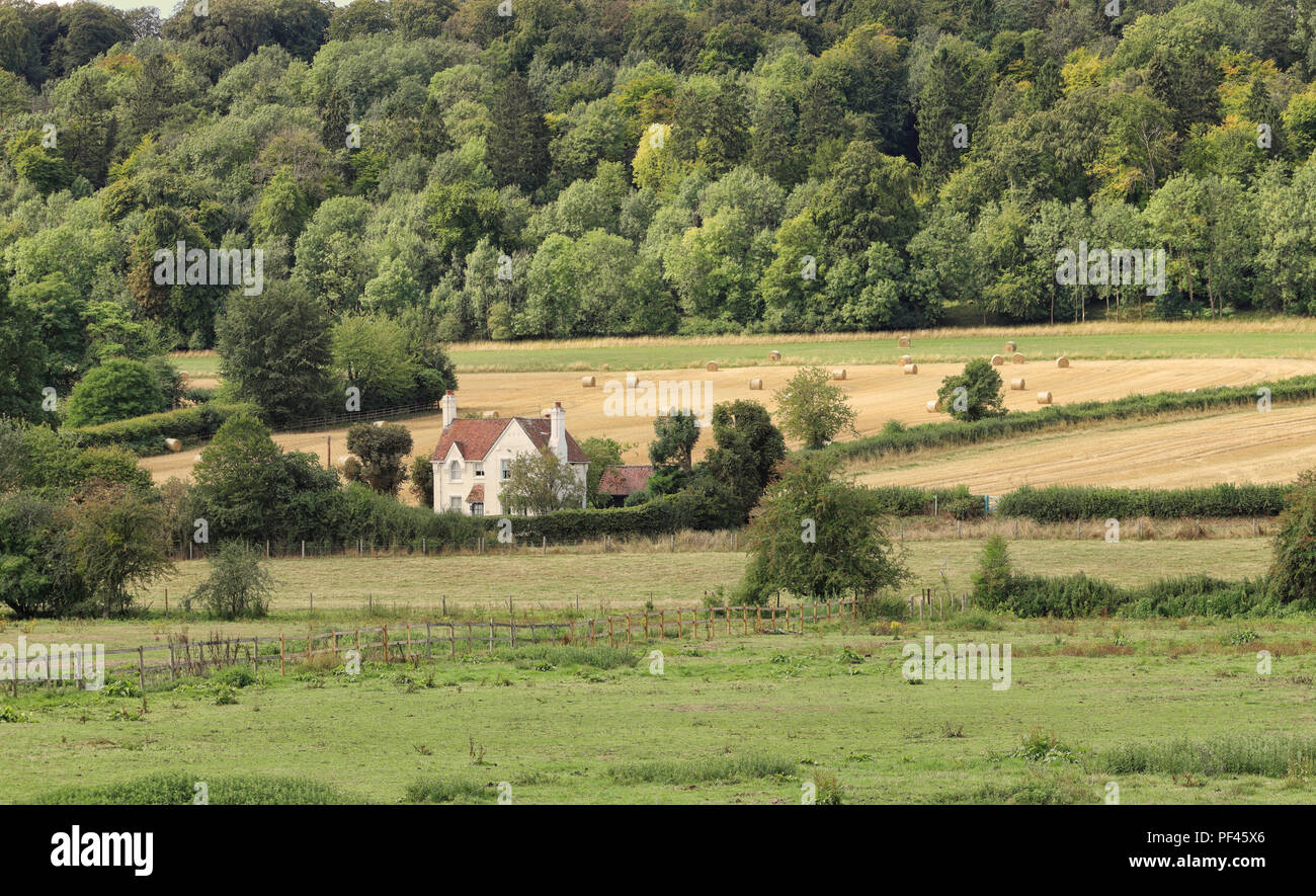 Un inglese un paesaggio rurale nella Chiltern Hills con balle di fieno e boschi e lone house Foto Stock