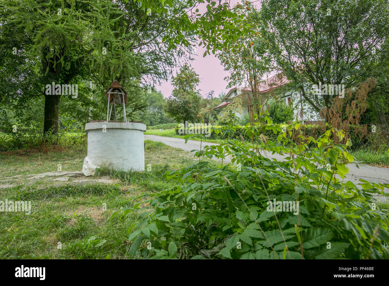 Vecchio, pietra, acqua bene con un verricello a manovella e nel villaggio polacco in bassa Beskids, Beskid Niski, Polonia Foto Stock