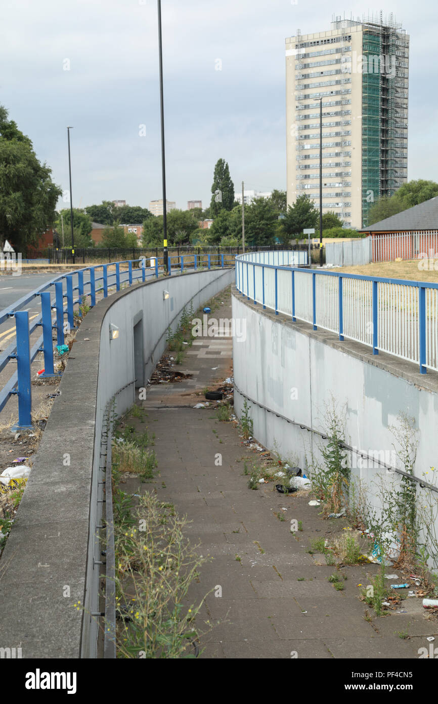 Un trascurato sottopassaggio pedonale situato in all interno della città di Birmingham, UK. Il sentiero è ricoperta da vegetazione e inquinata con lettiera. Foto Stock
