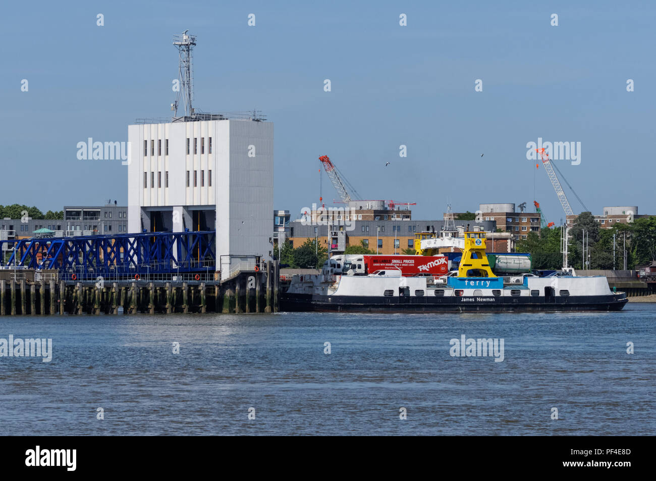 Woolwich Ferry sul fiume Thames, London, England, Regno Unito, Gran Bretagna Foto Stock