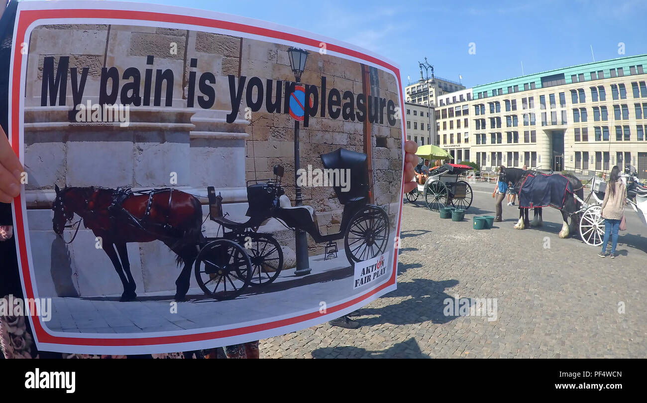 Berlino, Germania. 19 Ago, 2018. Un animale attivista per i diritti si erge sulla Pariser quadrato con un segno. Circa una cinquantina di attivisti per i diritti degli animali di manifestare contro l'uso di carrozze trainate da cavalli a Berlino. La dimostrazione è stata auspicata dal gruppo di azione di "Fair Play", che funziona contro lo sfruttamento degli animali. Credito: Paolo Zinken/dpa/Alamy Live News Foto Stock