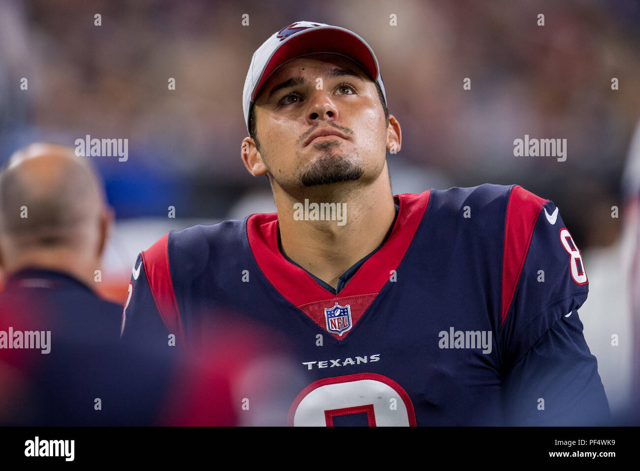 Houston, Stati Uniti d'America. Il 18 agosto 2018. Houston Texans punter Trevor Daniel (8) durante il terzo trimestre di un NFL preseason partita di calcio tra la Houston Texans e San Francisco 49ers a NRG Stadium di Houston, TX. Houston ha vinto il gioco 16 a 13. Trask Smith/CSM Credito: Cal Sport Media/Alamy Live News Foto Stock