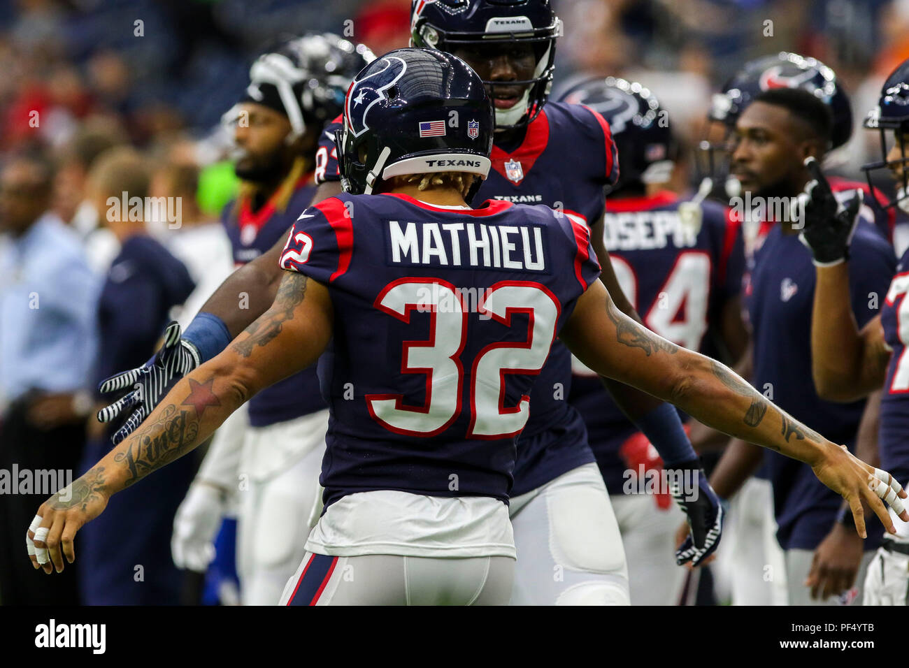 Agosto 18, 2018: Houston Texans defensive back Tyrann Mathieu (32) durante la preseason NFL partita di calcio tra la Houston Texans e San Francisco 49ers a NRG Stadium di Houston, TX. John Glaser/CSM Foto Stock