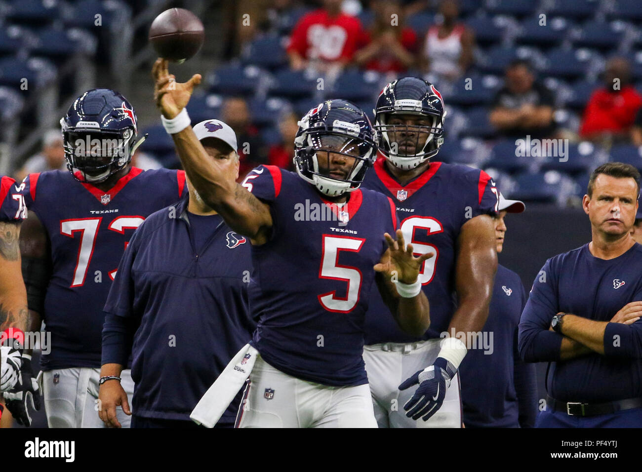 Agosto 18, 2018: Houston Texans quarterback Joe Webb (5) durante la preseason NFL partita di calcio tra la Houston Texans e San Francisco 49ers a NRG Stadium di Houston, TX. John Glaser/CSM Foto Stock