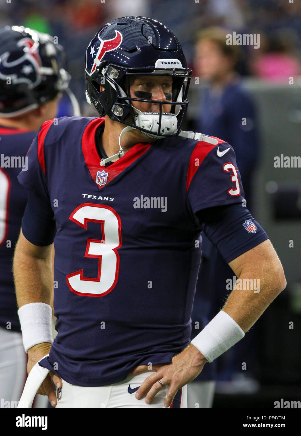 Agosto 18, 2018: Houston Texans quarterback Brandon Weeden (3) durante la preseason NFL partita di calcio tra la Houston Texans e San Francisco 49ers a NRG Stadium di Houston, TX. John Glaser/CSM Foto Stock